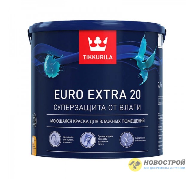 Интерьерная краска особо прочная Euro Extra 20 полуматовая, база А Tikkurila, 2,7 л