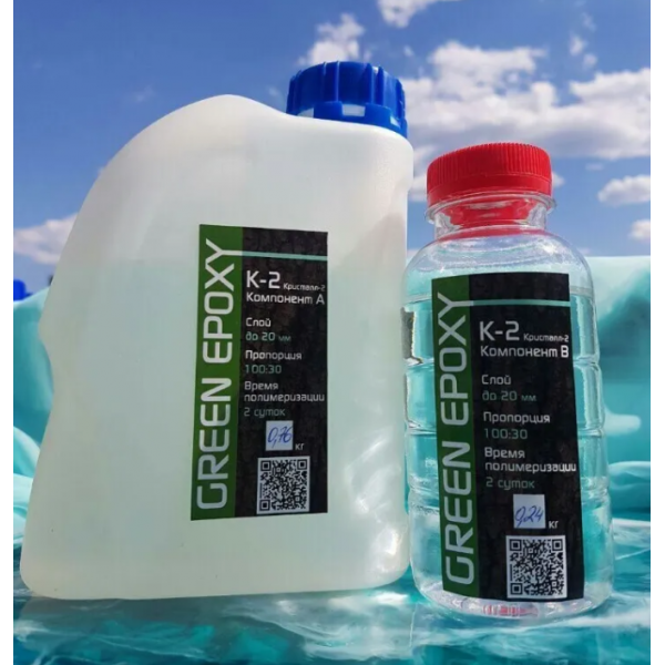 Смола эпоксидная GreenEpoxy К2 для столешниц, 1 кг (слой до 20 мм, время работы 7 часов)